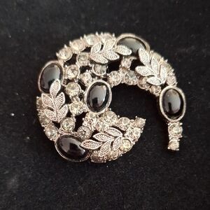 Silver and Black  Marquisite  Crescent Brooch with Leaf Design